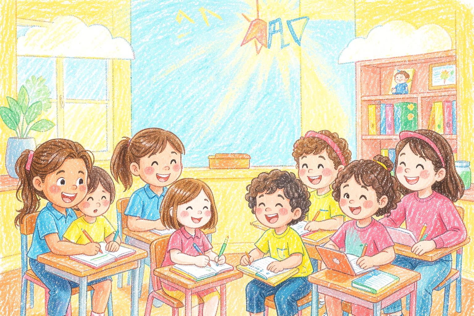 Happy primary school children learning together in a bright classroom